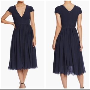 NWT Dress the Population Corey Chiffon Fit & Flare Cocktail Dress in Navy Size M